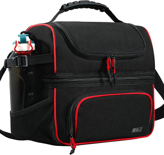 MIER Dual Compartment Lunch Bag Tote with Shoulder Strap for Men and Women Insulated Leakproof Cooler Bag, Black/Red