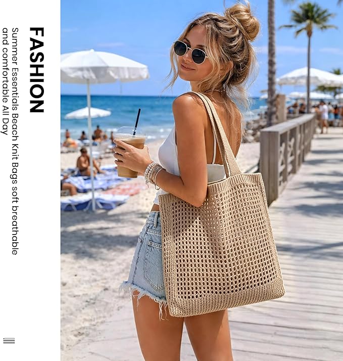 SUOSDEY Crochet Mesh Beach Tote Bag, Knit Summer Vacation Aesthetic Boho Tote Bag for Women