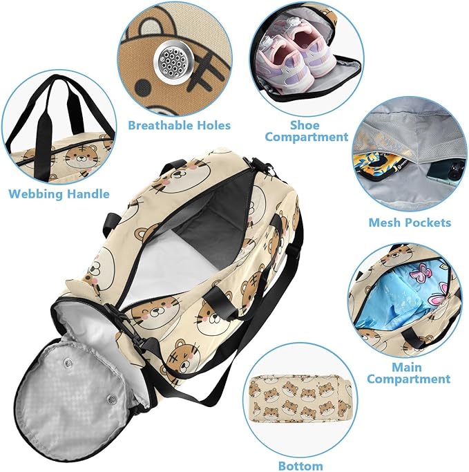 Cartoon Tiger Print Kids Sports Duffle Bag for Boys Girls Toddler Weekender Overnight Bag with Shoe Compartment & Wet Pocket Kids Dance Bag for Gym Dance Sport Travel