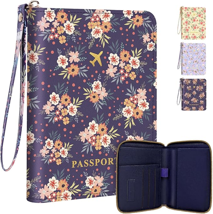 Passport Holder, Passport Holder For Travel, Passport Cover For Travel Essentials, Passport Wallet Cover RFID Blocking, Cute Passport Book for Women and Men, Navy Blue Flowers