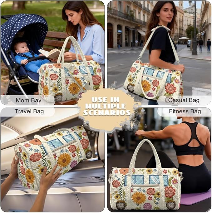 COEQINE Quilted Luggage Bag for Women Travel Quilted Tote Bag Large Floral Hipper Car Camper Print Weekender Overnight Bag Quilted Carry On Tote Handbags