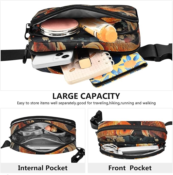 Two Golden Koi Water Plants Flowers Fanny Pack for Women Men Water Resistant Fashion Waist Packs with Adjustable Strap Belt Bag for Travel Workout Jogging Hiking 21219645
