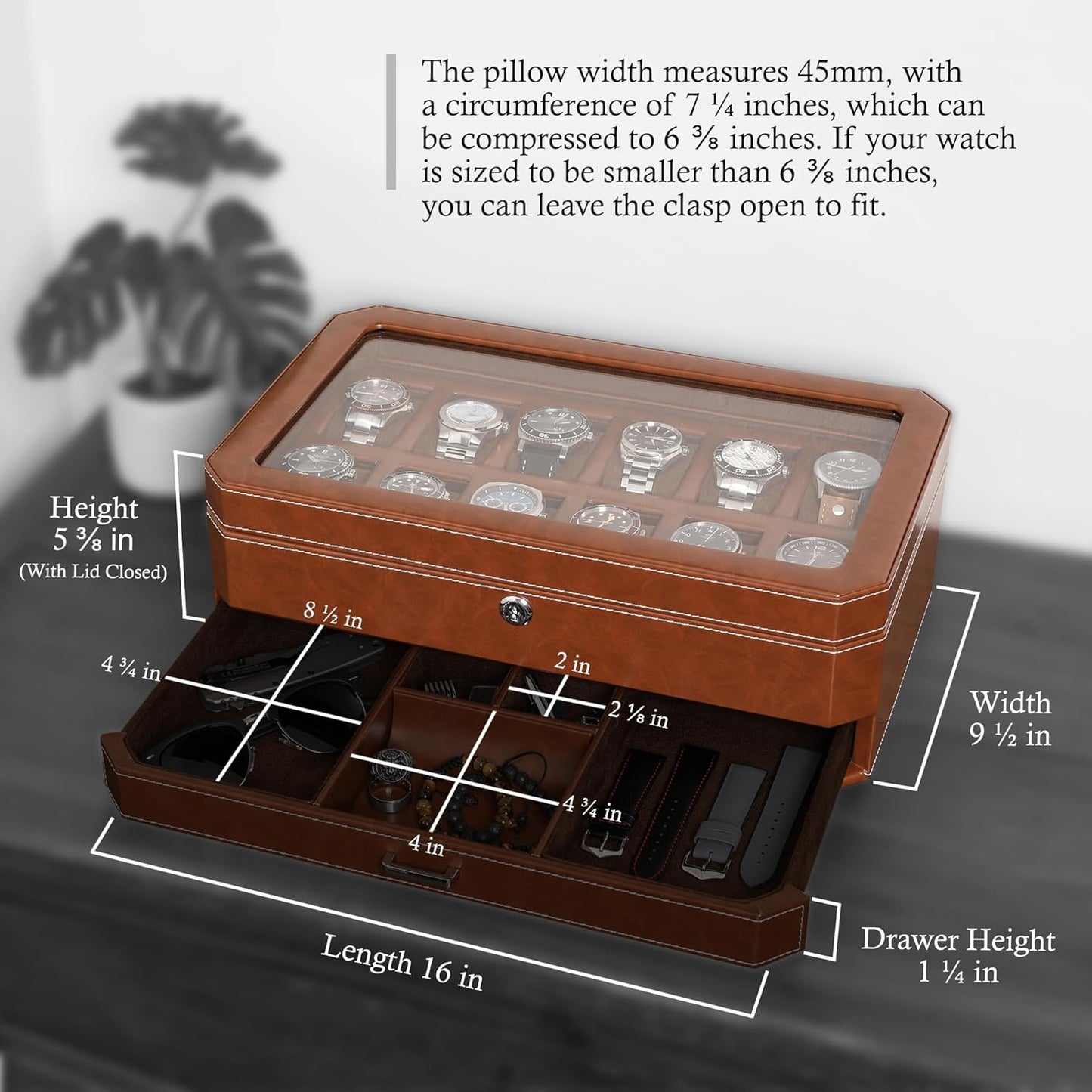ROTHWELL 12 Slot Leather Watch Box with Valet Drawer - 12 Slot Luxury Watch Case Display Organizer, Microsuede Liner, Mens Accessories Holder, Jewelry Case, Jewelry Display Organizer (Tan/Brown)
