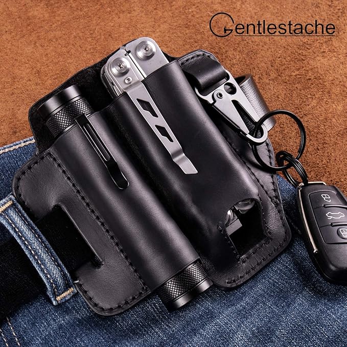 Gentlestache Leather Sheath for Leatherman Multitool - EDC Pocket Organizer with Key Holder and Flashlight Sheath - Black