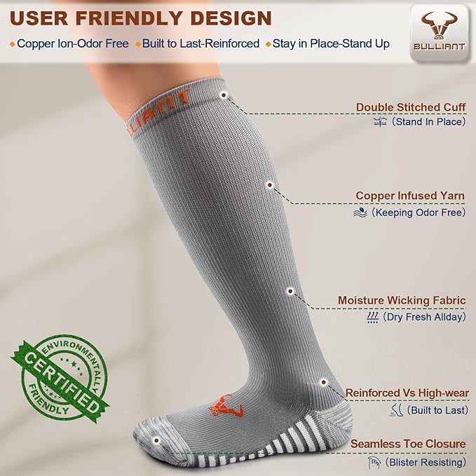BULLIANT Men Compression Socks 3Pairs-Knee High Socks 15-20 Pressure Unise- Cushioned Sole Extra Wicking