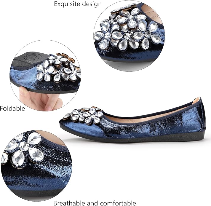 KUNWFNIX Women Ballet Flats Rhinestone Wedding Ballerina Shoes Foldable Sparkly Comfort Slip on Flat Shoes