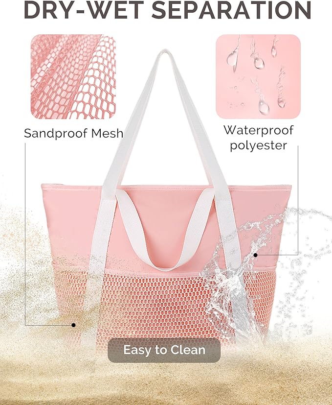 HOMESPON Beach Bag Large Waterproof Sandproof Foldable Tote for Women with Zipper Mesh Pockets for Pool Swim Travel Everyday