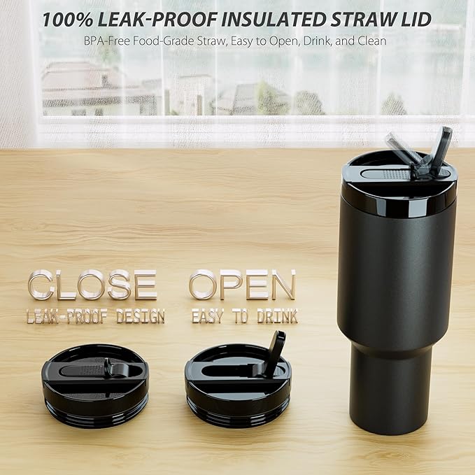 2 Pack Flip Straw Lid for Stanley 40 oz Quencher H2.0 & ProTour, Flip Straw Tumbler Lid for Stanley Cup, Leakproof, No Spill & Easy to Use Reusable Tumbler Cover (Black)