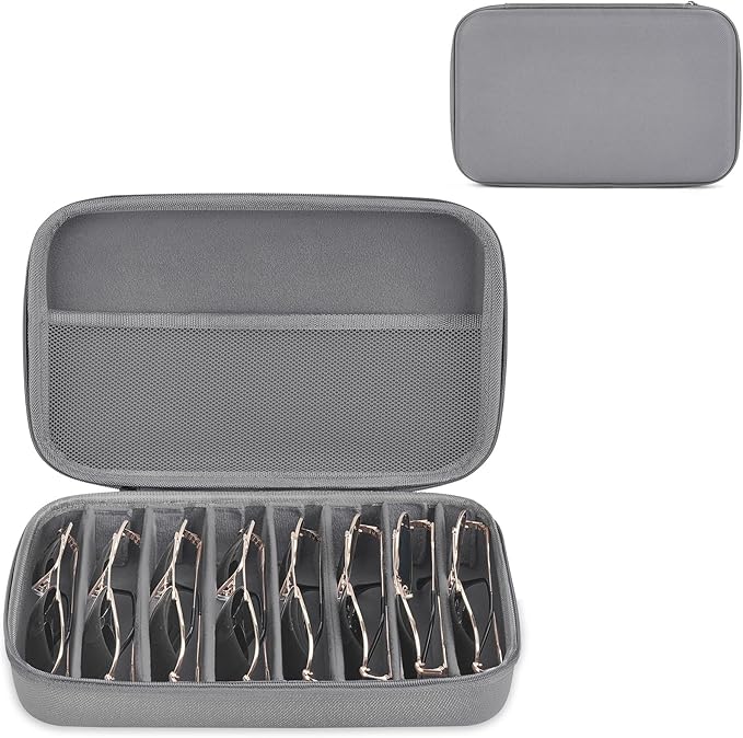 Mkono Travel Sunglasses Organizer Glasses Case Multiple Pairs with Adjustable Slots Eyeglasses Case Storage Box for Men (8 Slots, Gray)