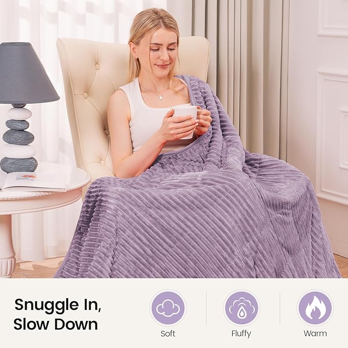 Sherpa Fleece Weighted Blanket with Ribbed Stripes for Adults, 15 lbs Dual Sided Cozy Warm Blanket for Couch Full Size Bed, Glass Beads Heavy Thick Blankets Great for Sleep, Light Purple, 60" x 80"