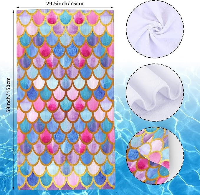 Beach Towel,Watercolor Mermaid Golden Fish Scales Lightweight Compact Sand Free Quick Dry Oversized Pool Swimming Towels for Girls Women Adults,29.5"×59"