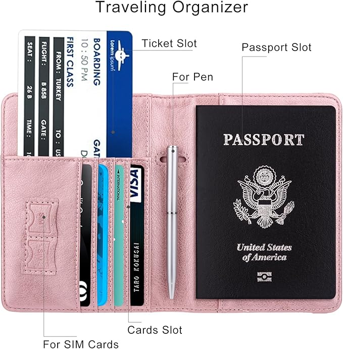 WALNEW Passport Holder for Travel, RFID Passport Cover Wallet for Women Men, PU Leather Passport Book Card Holder Case with Pen (Elastic Band Closure, A-Rosegold)