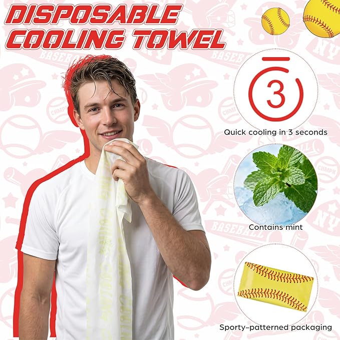 Frienda 12 Count Disposable Cooling Towel, 23.6''x 7.9'' Large Cooling Body Wipes, Baseball Basketball Softball Soccer Ice Towel for Hot Weather, Individually Wrapped for Sport Player (Softball)