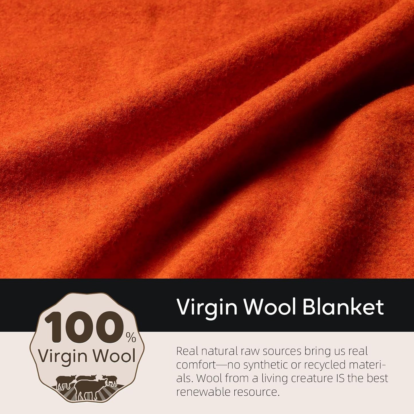 100% Wool Blanket, 62" x 86", Warm, Thick, Washable, Military Wool Blanket, Great for Camping, Outdoors, Sporting Events, Survival Kits, OrangeRed