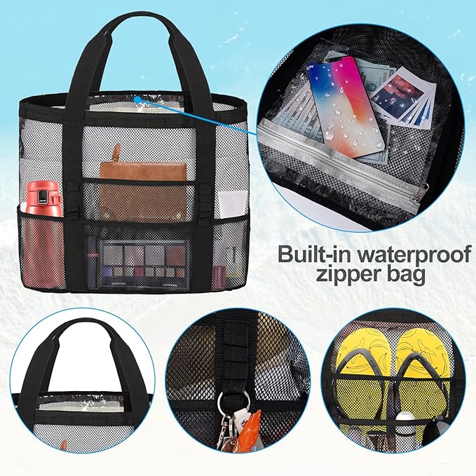 Mesh Beach Bags for Women - Family Beach Tote Bag for Toys, Towels, Travel Vacation Cruise Essentials