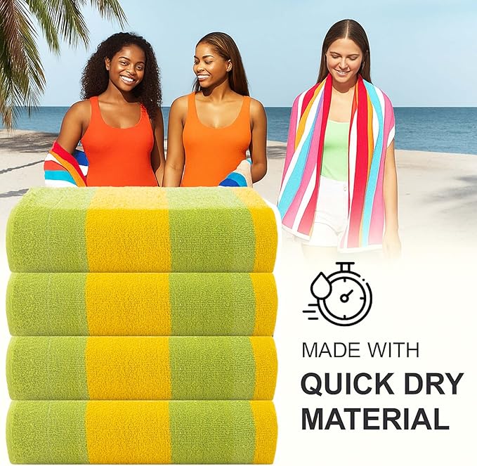 CASA COPENHAGEN Malibu Towel 4Pcs Lime Green Designer Stripe Beach Towels Gift Set, 30"x60" Oversized 100% Cotton Pool Bath Towel for Beach Gift Set (Perfect Summer Gift Set for Women & Men)