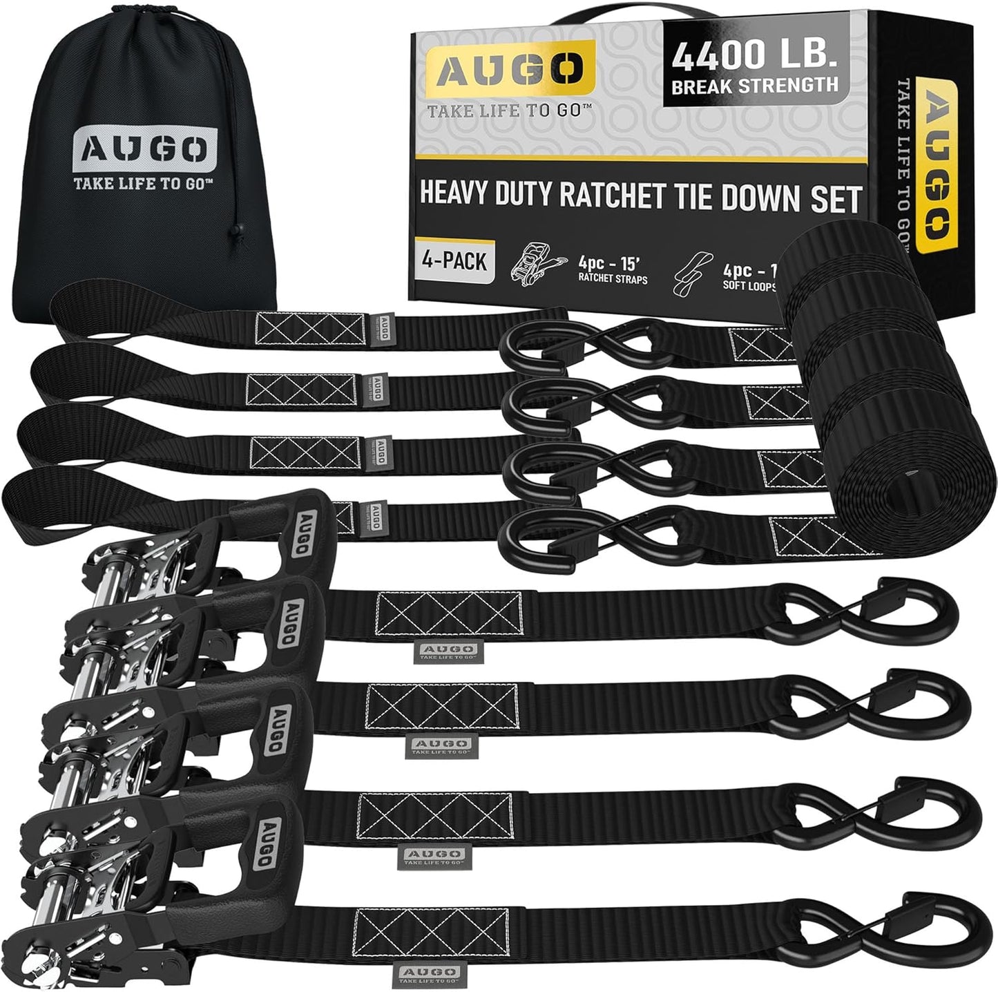 AUGO Heavy Duty Ratchet Straps & Soft Loops – Pack of 4 Extra Strong 1.5” by 15’ Ratchet Straps w/S-Hook Safety Latches & 4 Soft Loop Tie Downs – 4400Lb Break Strength for Motorcycles, ATVs, Etc.