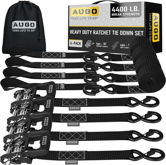 AUGO Heavy Duty Ratchet Straps & Soft Loops – Pack of 4 Extra Strong 1.5” by 15’ Ratchet Straps w/S-Hook Safety Latches & 4 Soft Loop Tie Downs – 4400Lb Break Strength for Motorcycles, ATVs, Etc.