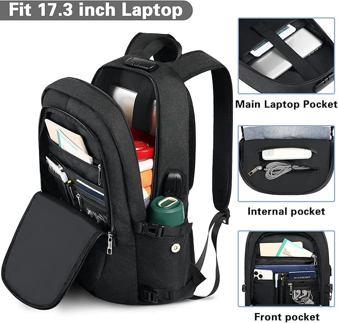 AMBOR Travel Laptop Backpack for Ｍen, 15.6-17.3 inch Laptop Backpack, Anti Theft Business Work Backpack with USB Charging Port, Water Resistant Computer Bag for Men & Women, Black