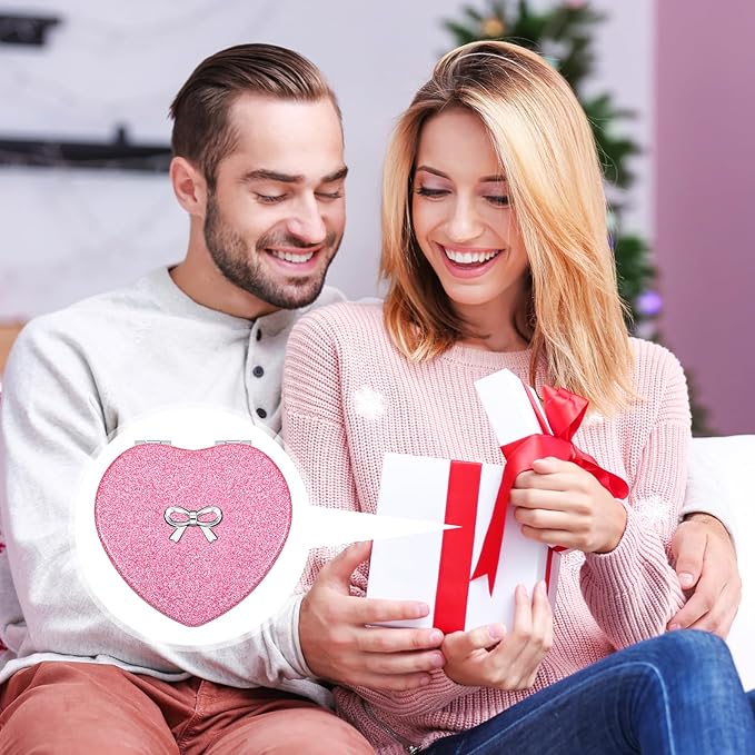 Compact Folding Mirror Heart Shaped Double-Sided 1X/2X Magnifying Mirror Cute Mini Glitter Makeup Mirror with PU Leather Ultra-Portable Cosmetic Mirror for Women Home Office Travel (Rose red)