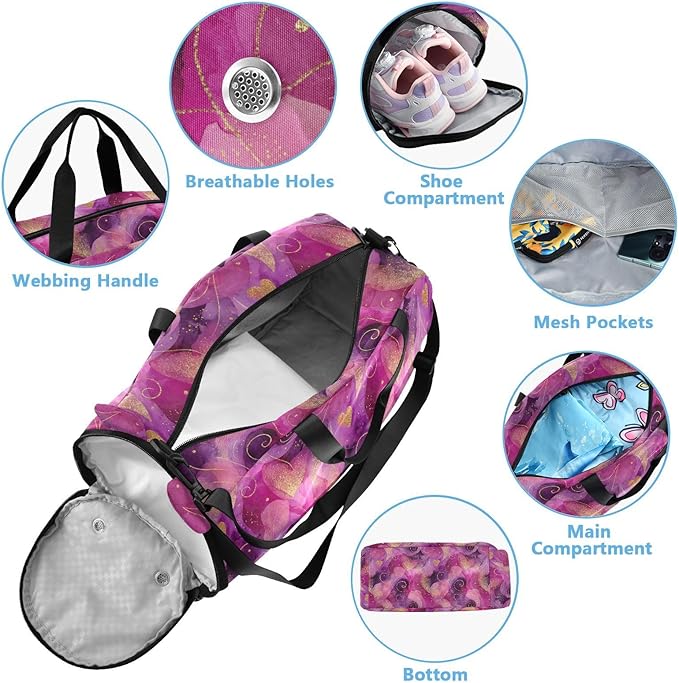 Watercolor Golden Lines Peach Hearts Gym Duffel Bag with Shoes Compartment Large Capacity Weekend Travel Bag for Travel, Sports, Fitness & Workout bulto de viaje