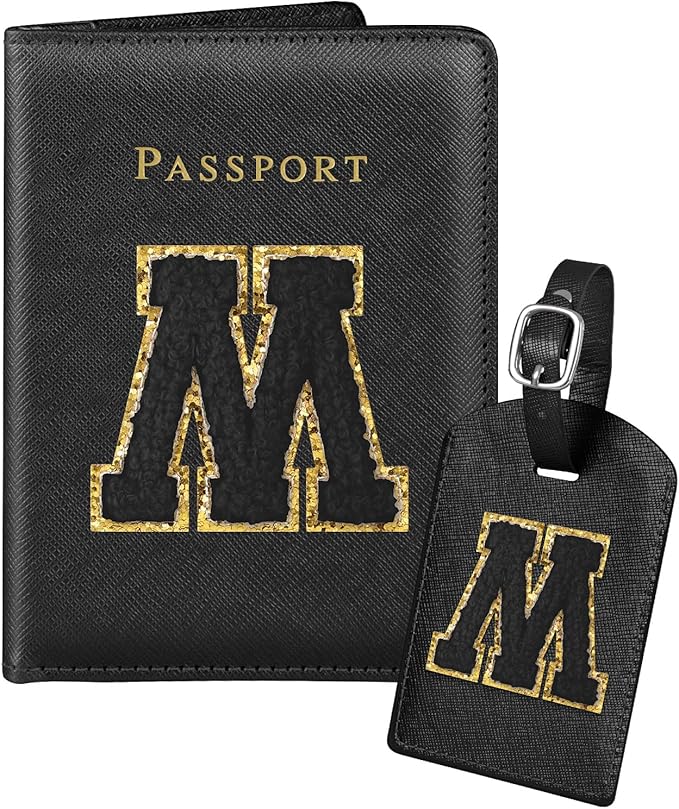 Slohif Passport Holder Initial Lugguage Tag Set Suitcase Cover Wallet Case for Travel Women - Leather Letter Passport Book Personalized Organizer Card Protector Sleeve Essentials Slim Carrier Black M