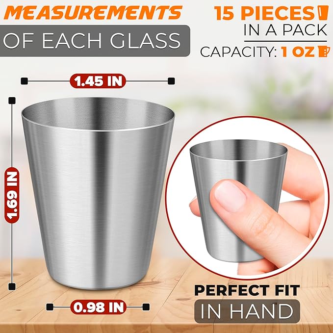 15 Pcs Stainless Steel Shot Glasses - 30ml (1oz) Tiny Metal Shot Glasses, Lightweight and Easy to Store & Clean, Durable Metal Shots for Parties, Hiking, Travels, Compact for Picnics & Espresso Breaks