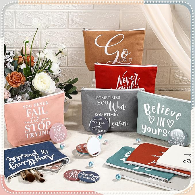 20 Pcs Employee Appreciation Gifts For Women Inspirational Canvas Makeup Bags Portable Compact Mirror Bulk Cosmetic Bags Thank You Gifts for Social Worker Coworkers (Incentive,Vintage)
