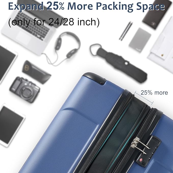 24 Inch Hardshell Luggage Lightweight Checked Luggage, Blue Hardside ABS Suitcases with Double Wheels and TSA Lock, Medium Expandable 24-inch Carry on Luggages for Travel, Men, Women