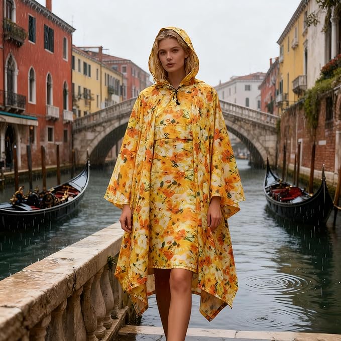 Hooded Rain Poncho for Adults - Waterproof Rain Coat and Lightweight Jacket 3-in-1 Multi-Function with Pockets