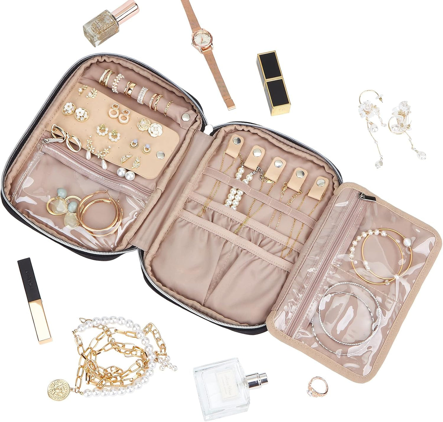 BELALIFE Travel Jewelry Organizer, Portable Storage Case for Earrings, Rings, Necklaces, Bracelets, Black