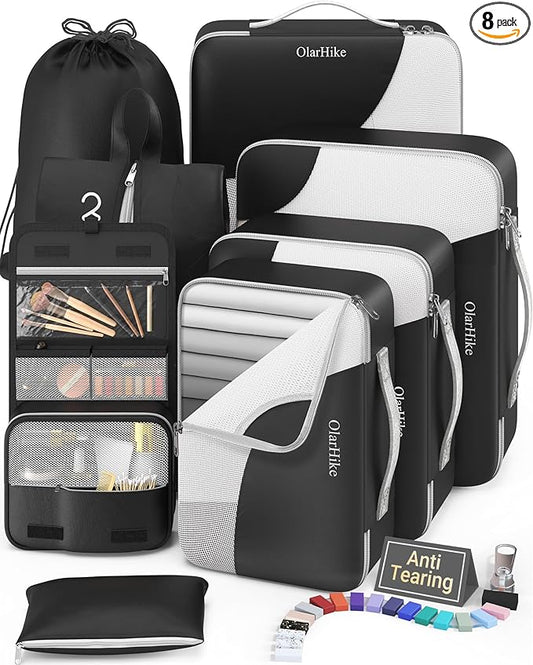 8 Set Packing Cubes for Travel, Gifts for Men,Anti-Tearing Suitcase Organizer for Luggage with Shoe & Hanging Toiletry Bag, OlarHike Vacation Accessories for Cruise, Travel Essentials for Men, Black