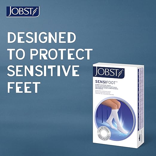 JOBST SensiFoot Diabetic Compression Socks for Men and Women 8-15 mmHg with Seamless Toe and Moisture Management - Extra Padding in Toe, Foot, and Heel Area - Knee High - Closed Toe - White, Small
