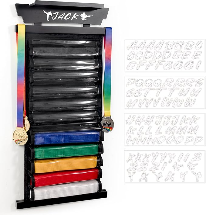 Tilhumt 10/12 Belts Karate Belt Display Rack with Photo Shelf, Felt Taekwondo Belt Display Rack Martial Arts Belt Display for Adults TKD, BJJ