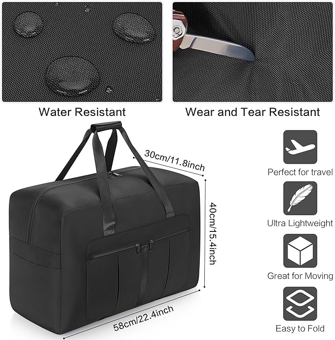 Large Duffel Bag for Travel, Foldable Storage Bag for Traveling, Collapsible Duffle Bag (Black, 70L)
