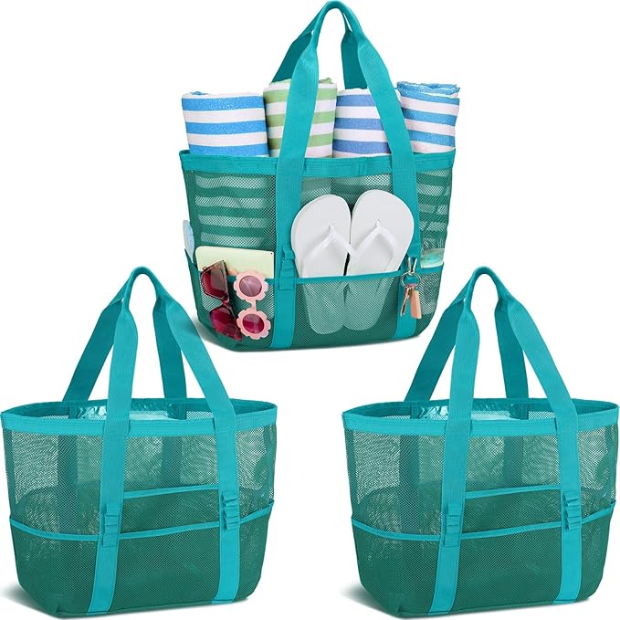 Hillban Large Beach Mesh Bags Bulk for Women Beach Tote Bag with 8 Pocket Zipper Waterproof Sandproof for Pool Cruise Ship