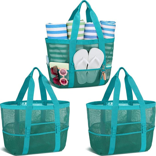 Hillban Large Beach Mesh Bags Bulk for Women Beach Tote Bag with 8 Pocket Zipper Waterproof Sandproof for Pool Cruise Ship