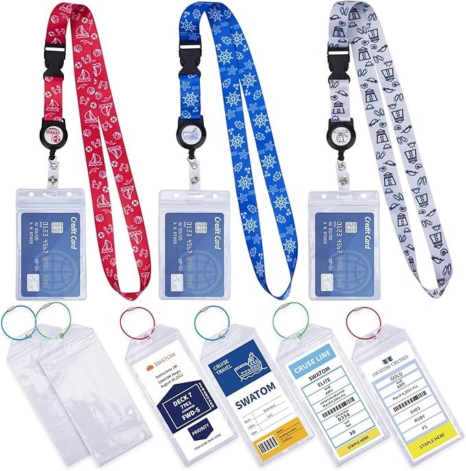 SWATOM Cruise Lanyards 9PCS Retractable Cruise Lanyard for Cruise Ship Cards, Carnival, NCL & Princess 2025 & 2026 Waterproof Luggage Tag Holders Set for with Detachable Badge Holder for ID Cards