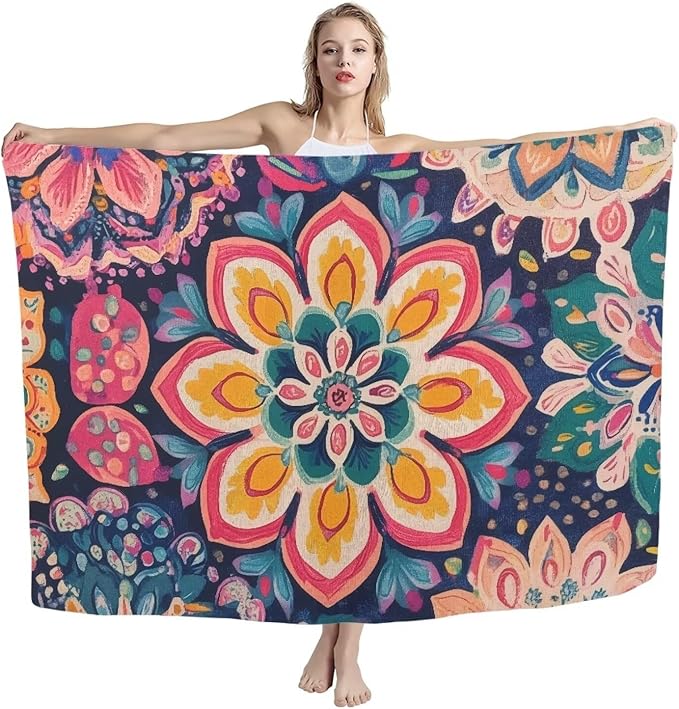 Beach Towel - Microfiber Quick Dry Sand Free Towels, Light Weight, Absorbent for Pool, Travel, Camping Essentials, Oversized Extra Large for Adults 79x56 in, Boho Flower Print Colorful