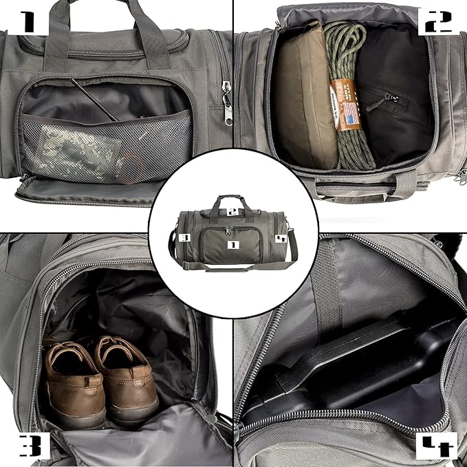 Small Duffel Bag Military Tactical Outdoor Gym Bag with Shoes Compartment for Sports Camping Hunting (Grey)