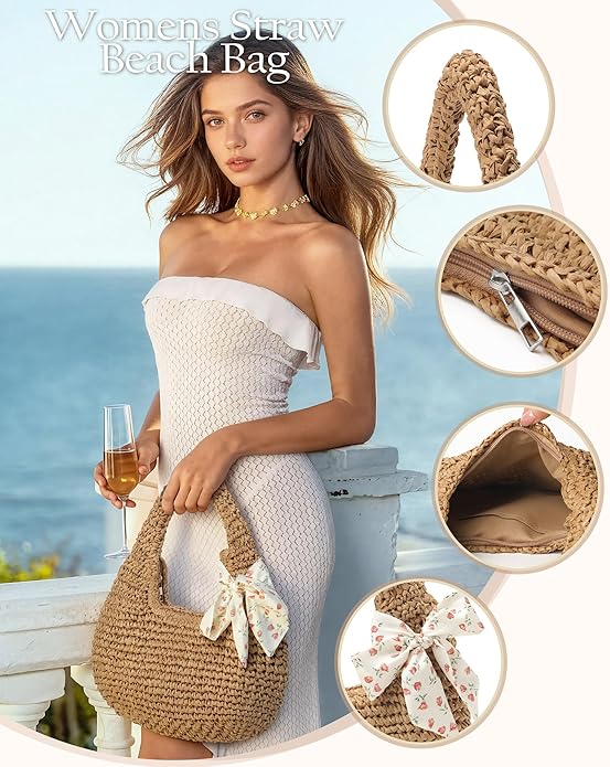 Beach Bags for Women - Handmade Straw Clutch Purses for Women Handbag Zip Closure Tote Bag Lightweight