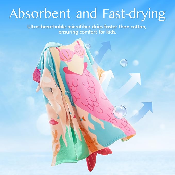 Joiedomi Kids Beach Towels with Hood for Girls Pink Mermaid Hooded Toddler Bath Towel Quick Dry Soft Microfiber 24"x24"