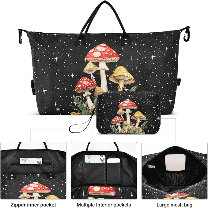 Mushroom Quilted Travel Bags Weekender Duffle Bags With Toiletry Bag Carry on Overnight Duffels Yoga Gym Bag for Airplanes Business Sports