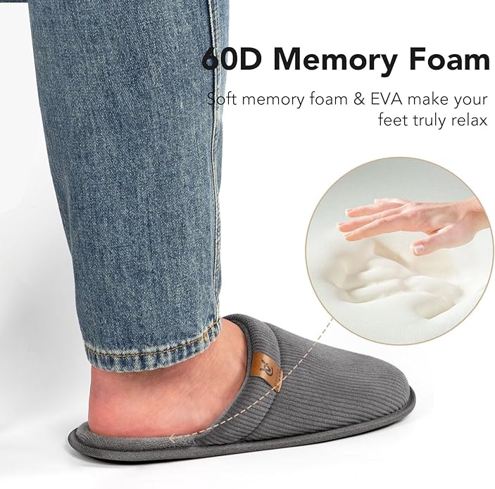 VeraCosy Men's Corduroy Scuff Slippers Soft Comfy Memory Foam Non-slip Indoor House Shoes