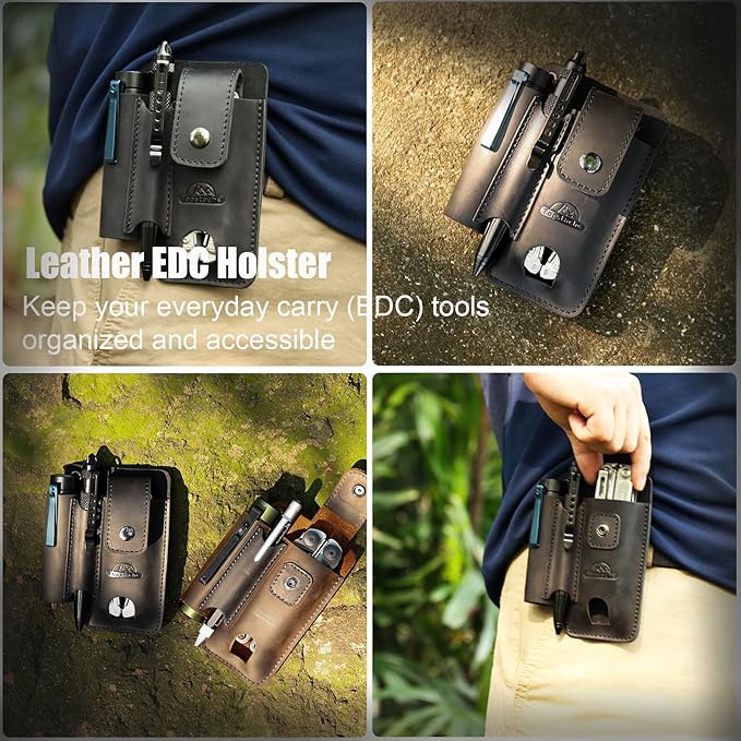 Topstache Leather Multitool Sheath with Belt Clip - Leather Multitool Holder with Closure Flap - EDC Belt Organizer Fits Multitool, Flashlight, Pen - EDC Pouch Belt Holster Case, Black