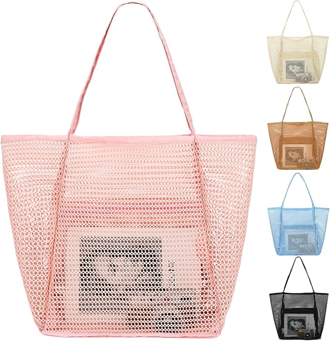 Mesh Beach Bag, Large Beach Tote with Zipper Pocket, Toys Pool Bag for Family Travel Vacation Cruise Essentials