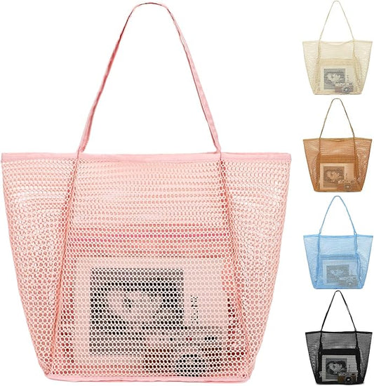 Mesh Beach Bag, Large Beach Tote with Zipper Pocket, Toys Pool Bag for Family Travel Vacation Cruise Essentials