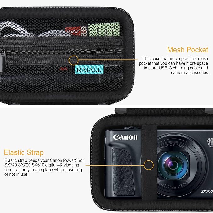 RAIALL Camera Case for Canon PowerShot SX740 HS/ SX730 HS/ SX720 HS/ SX620 HS Digital Camera, 4K Video Camera Hard Carrying Case Protective Travel Bag, Mesh Pocket for Batteries and USB Cable, Black