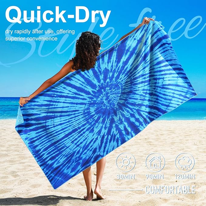 2 Packs Lightweight Thin Microfiber Beach Towel Oversized Quick Dry Compact Sandproof Clearance Towels Sand Free Camping Swimming Easy Pack Travel Accessories Essentials Women Adults Striped Vortex