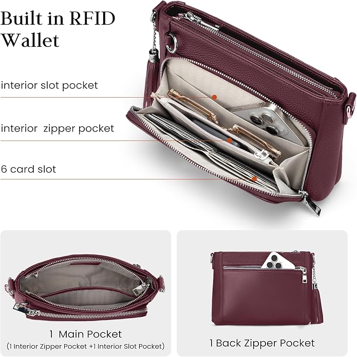 befen Anti Theft Genuine Leather Crossbody Bags for Women Handbags and Shoulder Basg with Built in Wallet RFID Leather Purse